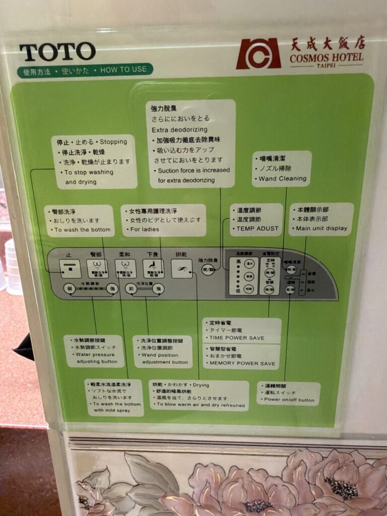 浴室に貼られたTOTOウォシュレットの使い方。日本語・英語・中国語の3言語표記