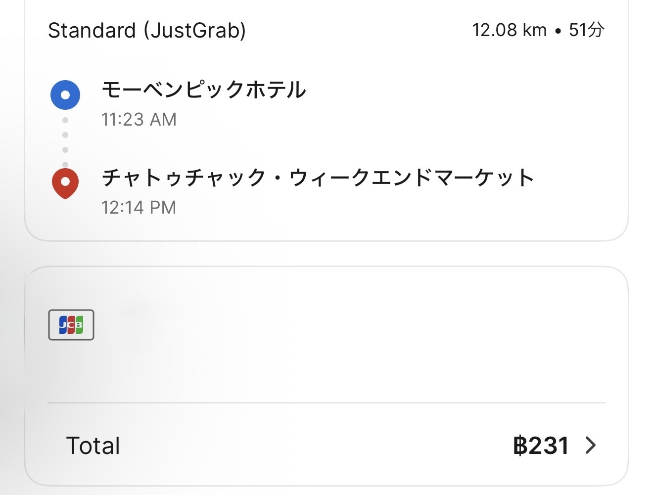 Grabの利用履歴。モーベンピックホテルからチャトゥチャックまで12.08km・51分・231バーツ