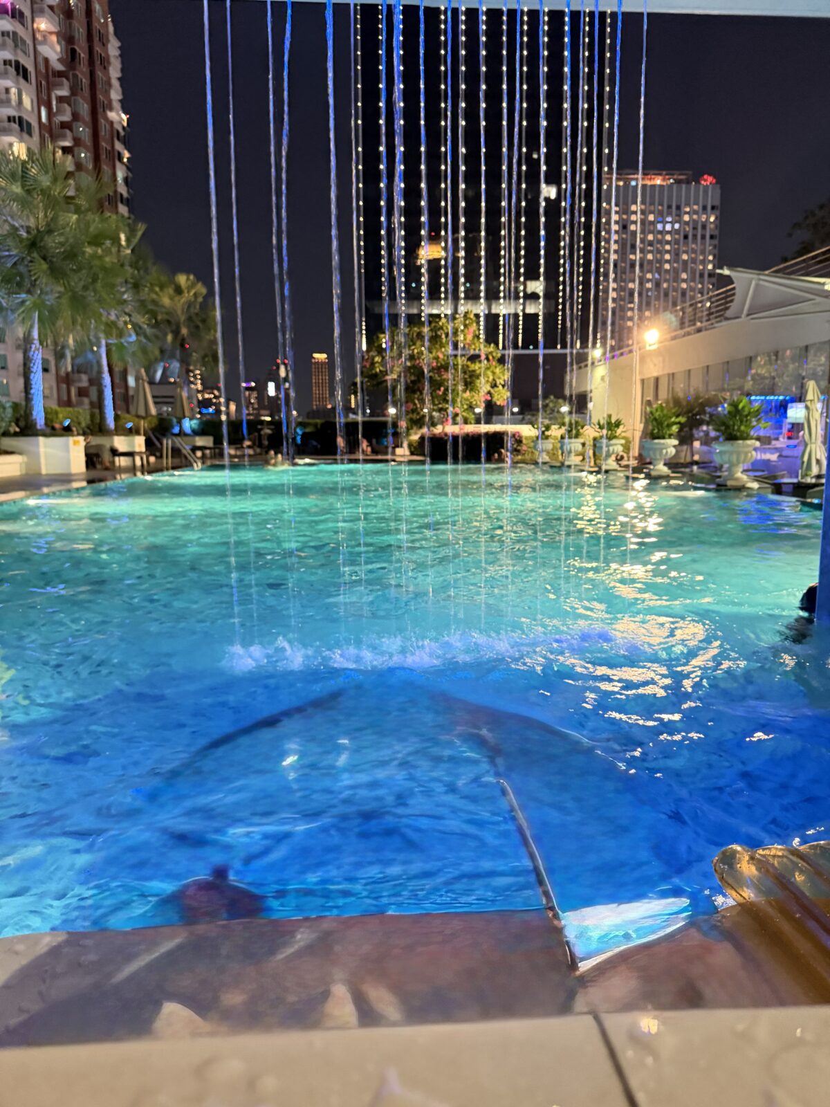 夜のバークレーホテルのプール。上から水のカーテンが落ち、照明で青く光る水面の奥にバンコクのビルの夜景が広がる