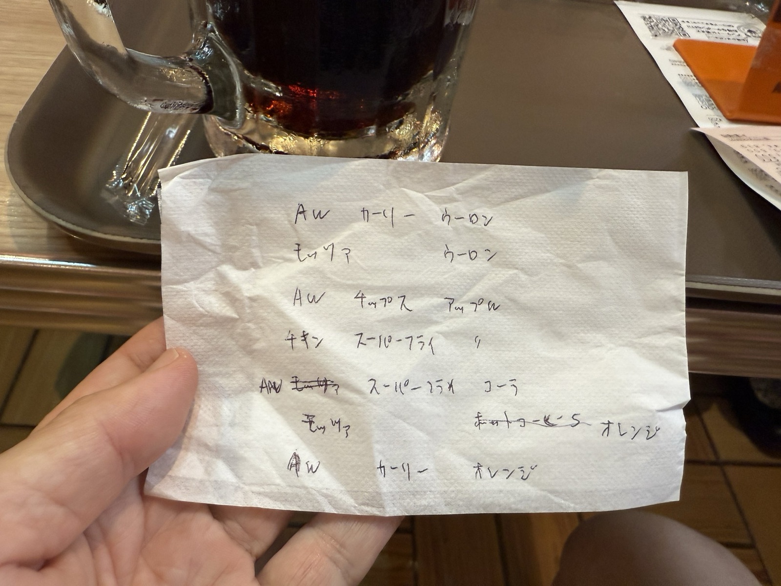 A&Wで注文する品を書き出した手書きのメモ