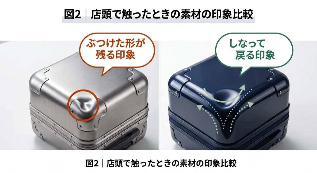 アルミの箱と樹脂の箱を並べ、当たった形が残りそうに見えるアルミと、しなって戻りそうに見える樹脂を比べたイメージ図