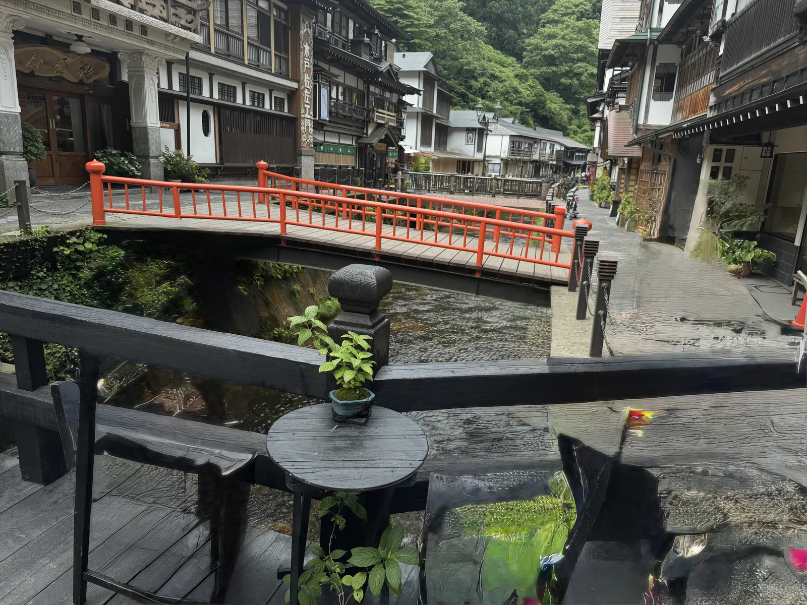昼の銀山温泉。川に赤い欄干の橋がかかり、両側に木造の旅館が並んでいる