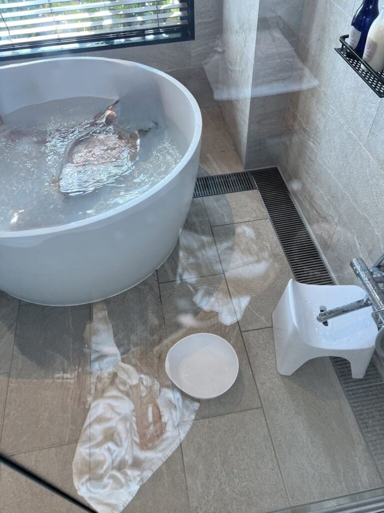 ゴールドスイートの丸い湯船と洗い場