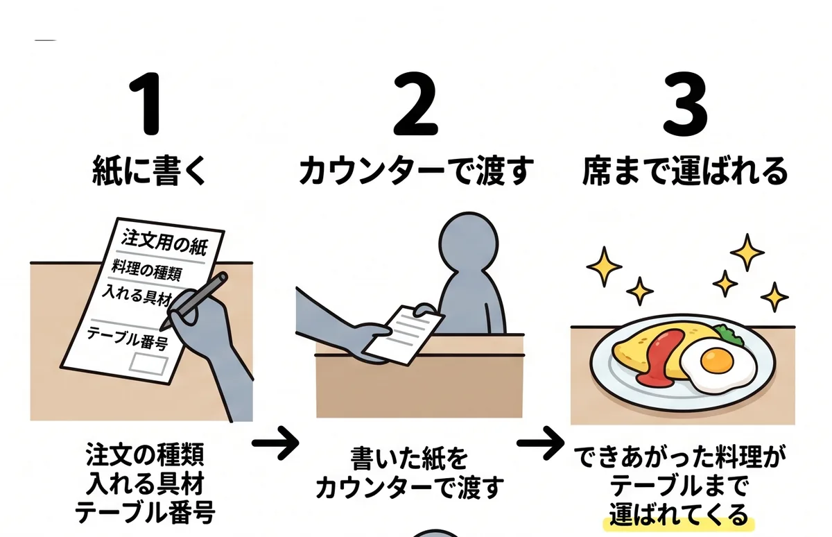 卵料理の頼み方の3ステップ。紙に料理の種類と具材とテーブル番号を書き、カウンターで渡すと、できあがった料理がテーブルまで運ばれてくる
