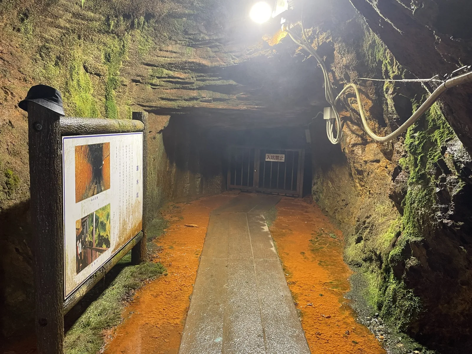 延沢銀山遺跡の疎水坑。照明に照らされた岩の通路と案内板があり、奥の柵に「入坑禁止」の札が付いている