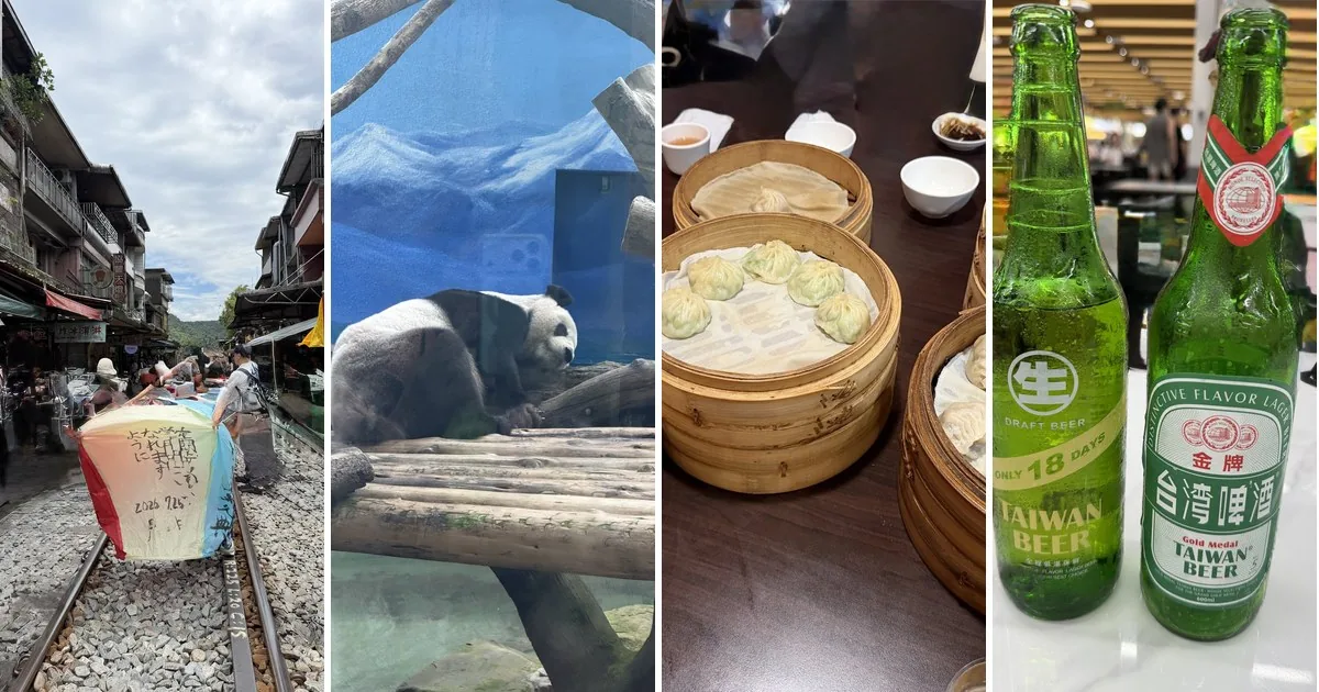 台北三世代旅行の見どころ4枚。十分の天燈、動物園のパンダ、小籠包のせいろ、台湾ビール