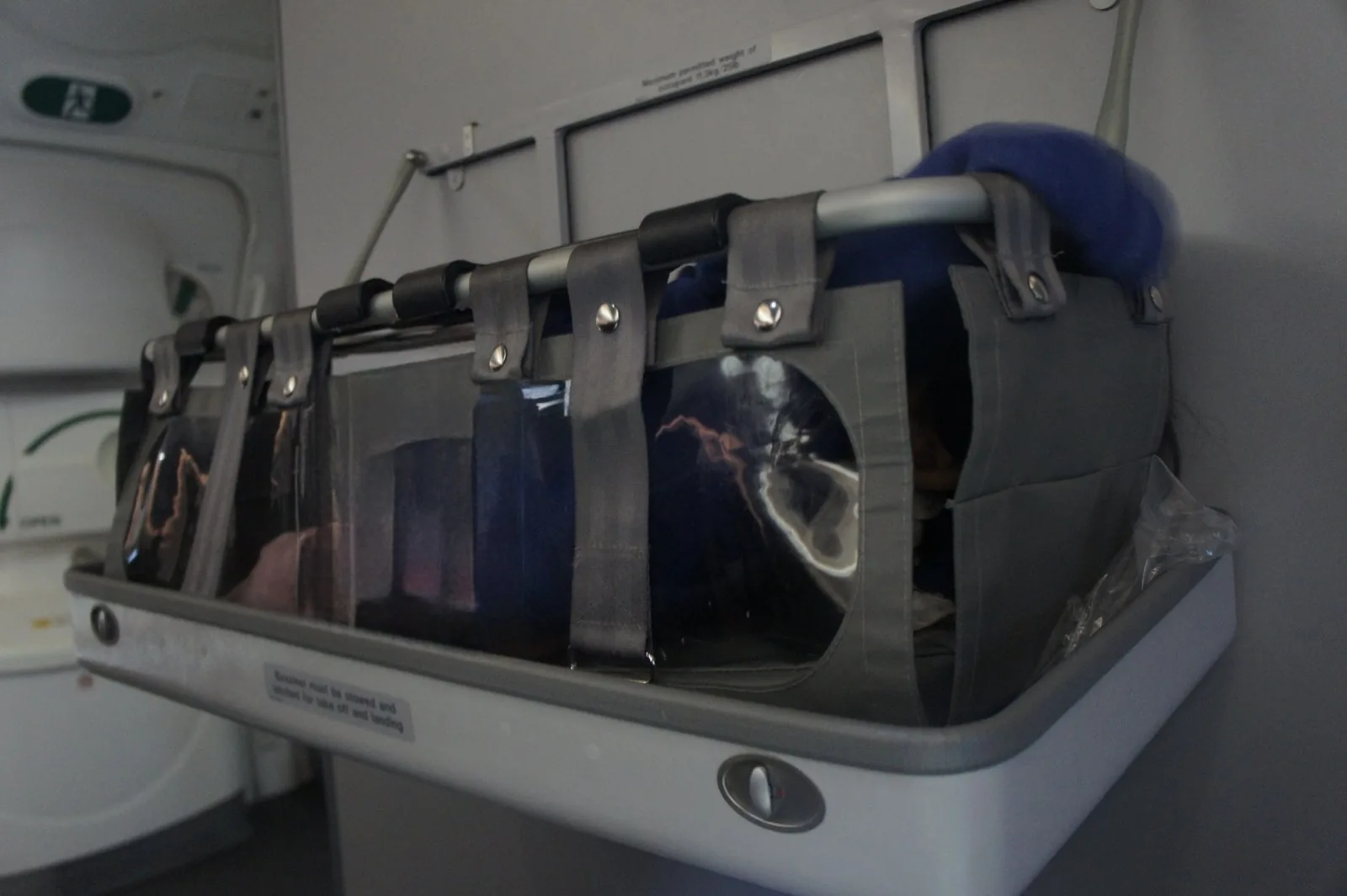 A gray baby bassinet with a clear window attached to the cabin wall, with a blue blanket inside