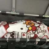 飛行機の壁に取り付けられたバシネットと、中にかけられたハローキティ柄のタオル