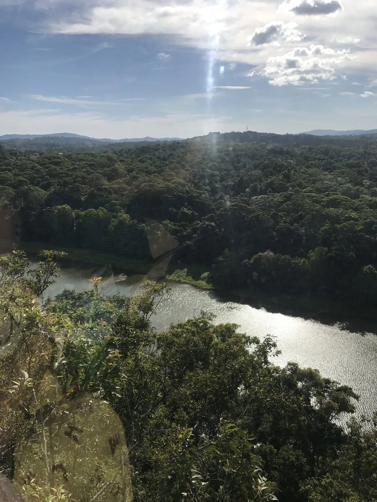A high view down over green rainforest with a river flowing through it, under blue sky with distant mountains