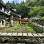 夏の銀山温泉。銀山川に沿って木造の旅館が並び、奥に赤い欄干の橋、手前に石の橋が見える