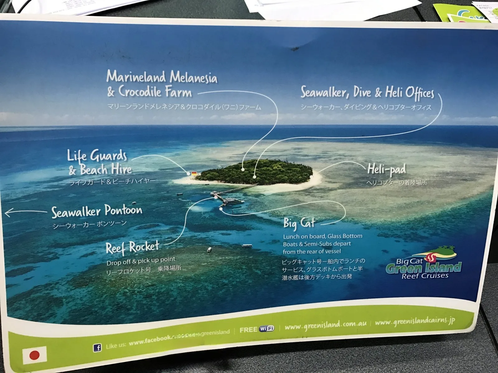 グリーン島の空撮に、ライフガード、マリンランド・メラネシア、ヘリパッド、ビッグキャットの乗り場などを英語と日本語で示したビッグキャットの案内図