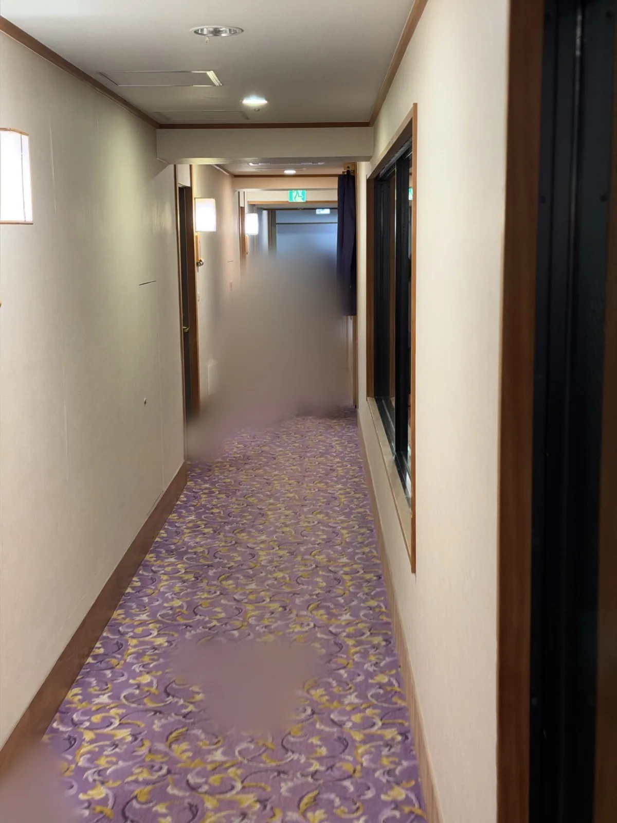 客室が並ぶ階の、じゅうたん敷きの廊下