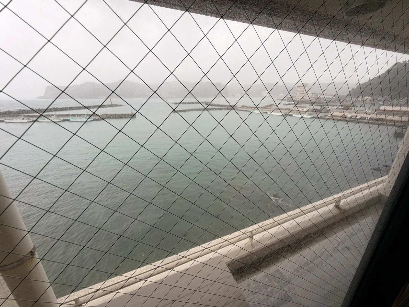 客室の窓から見下ろした港と海。この日は曇りだった