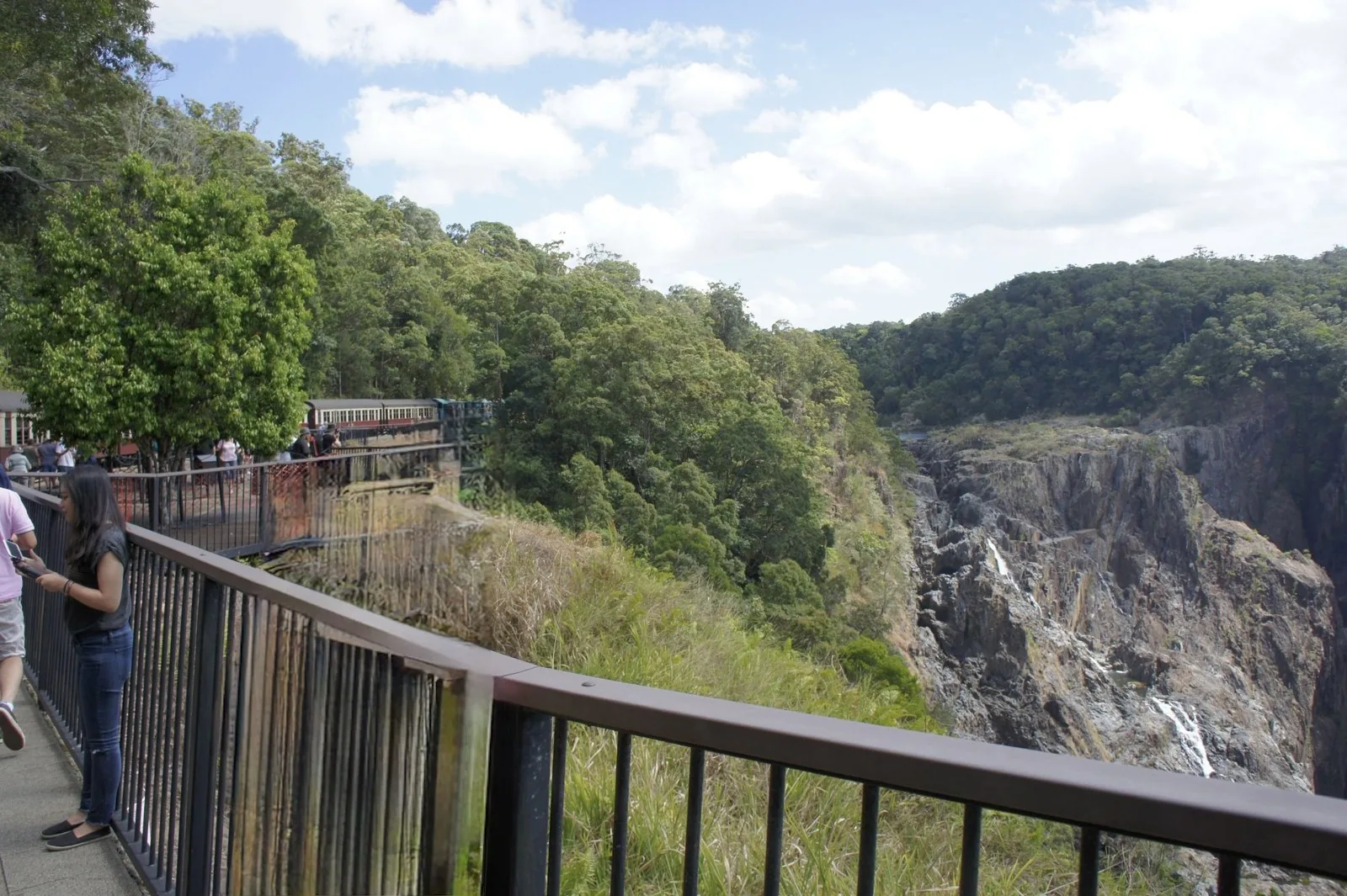 展望デッキの手すり越しに見える岩の峡谷の滝と森、奥に停車中の列車の客車