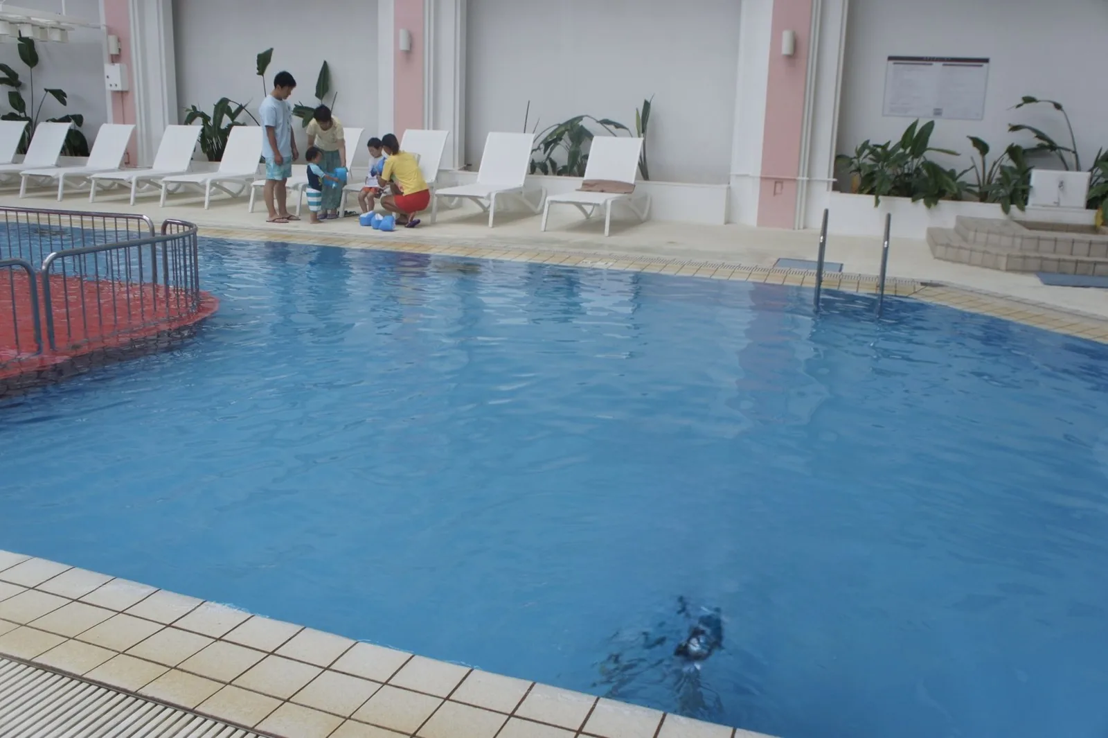 屋内プールの浅い水面と、奥のプールサイドに並ぶ白いデッキチェアと植栽