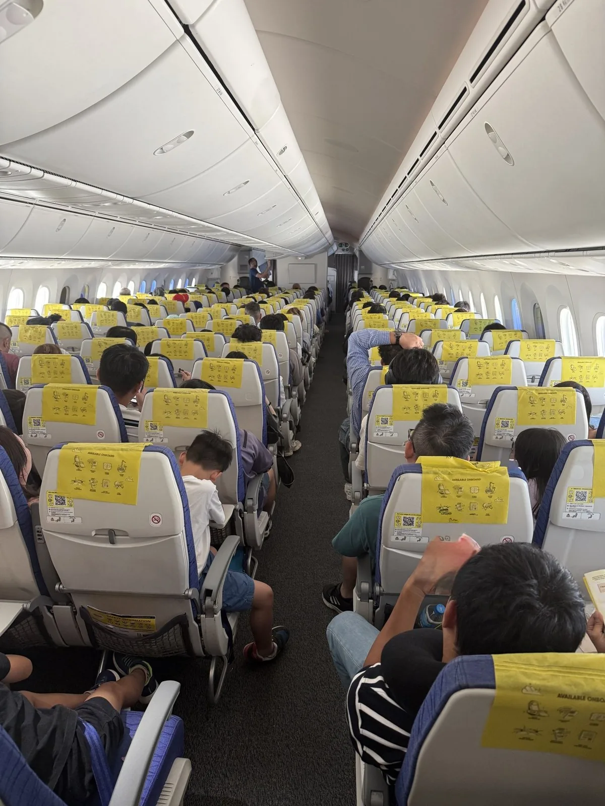 The economy cabin on a Scoot flight, with seats with yellow headrest covers lined up on both sides of the aisle