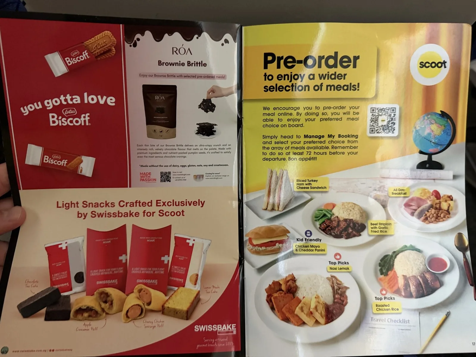 A spread in Scoot's in-flight menu booklet, with ads for snacks such as Biscoff and pre-order meals such as nasi lemak